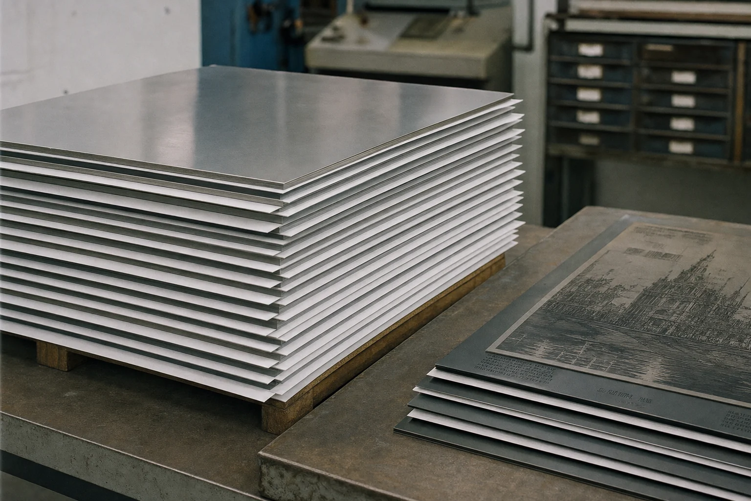 Interleaving paper sheets laid between polished stainless steel plates, seen from the edge of the stack.