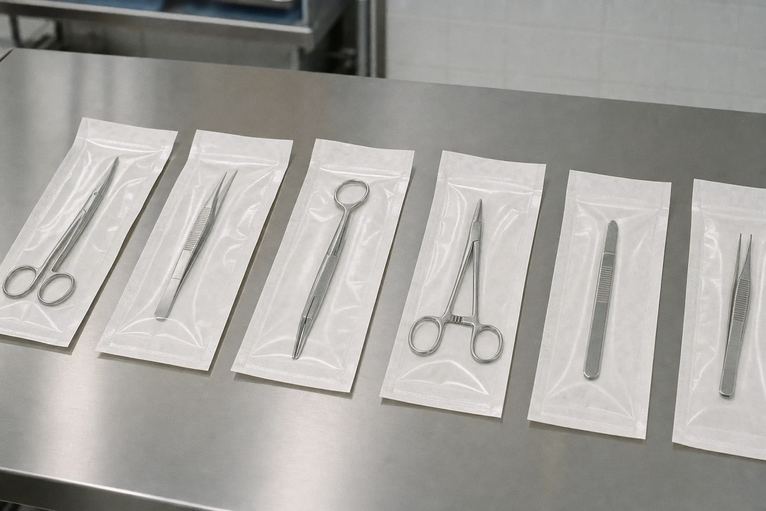 Reels of white medical-grade paper on stainless steel frames in a clean converting area.