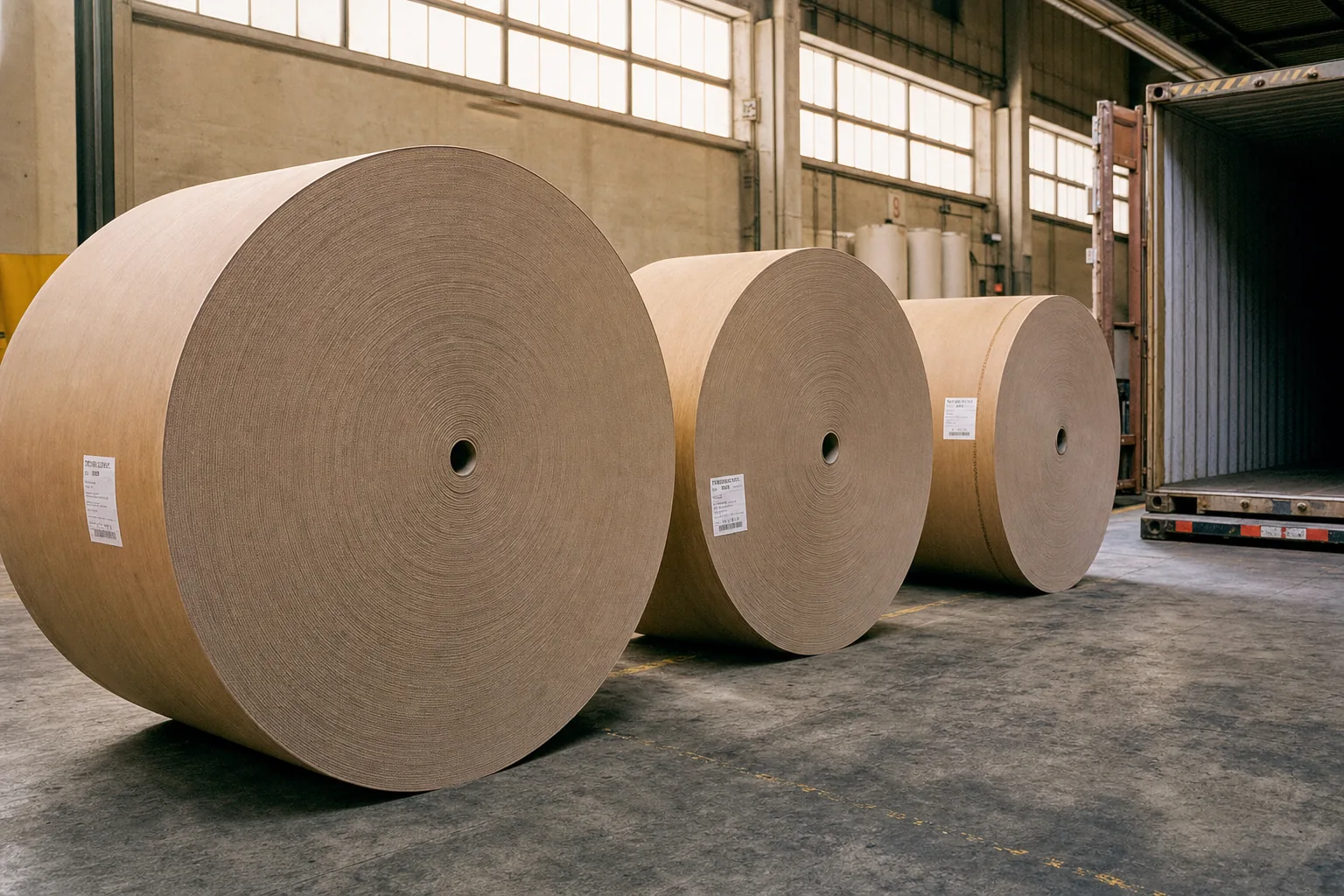 Kraft paper reels standing on end in a warehouse, an open shipping container at the edge of the frame.