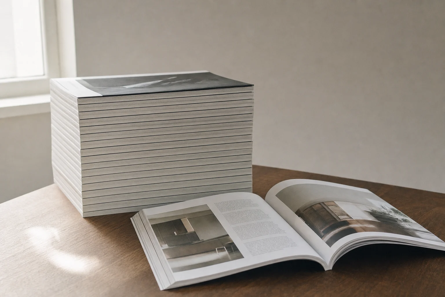 A reel of coated paper at the infeed of a web offset press, with a pallet of freshly printed sheets in front.